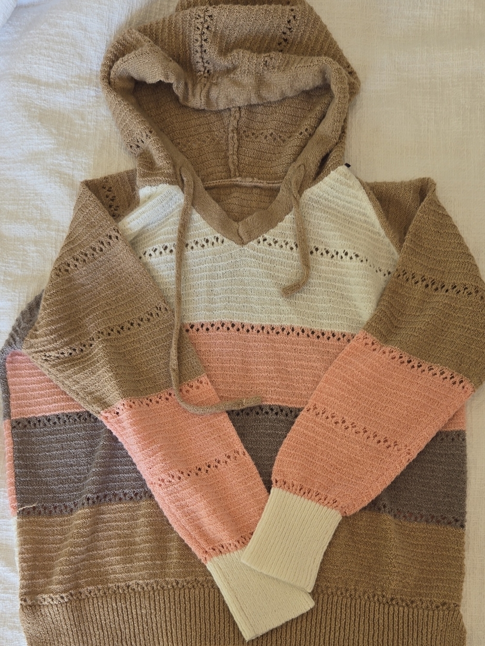 Striped Hooded Sweater in Tan, Cream & Pink
